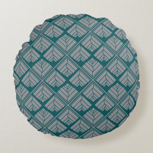 Square Leaf Pattern Teal Neutral Round Pillow