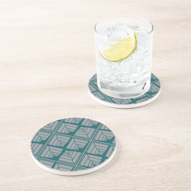 Square Leaf Pattern Teal Neutral Sandstone Coaster (Side)
