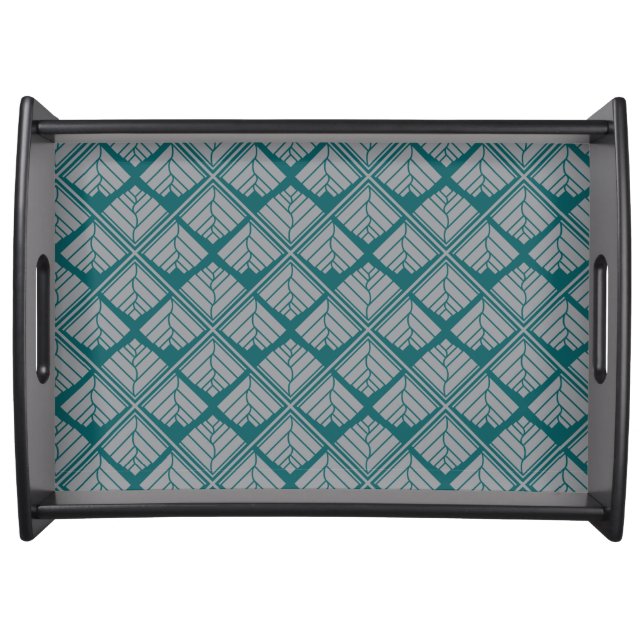 Square Leaf Pattern Teal Neutral Serving Tray (Front)