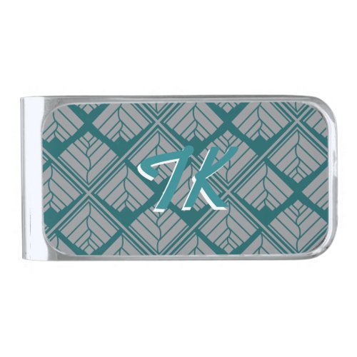 Square Leaf Pattern Teal Neutral Silver Finish Money Clip