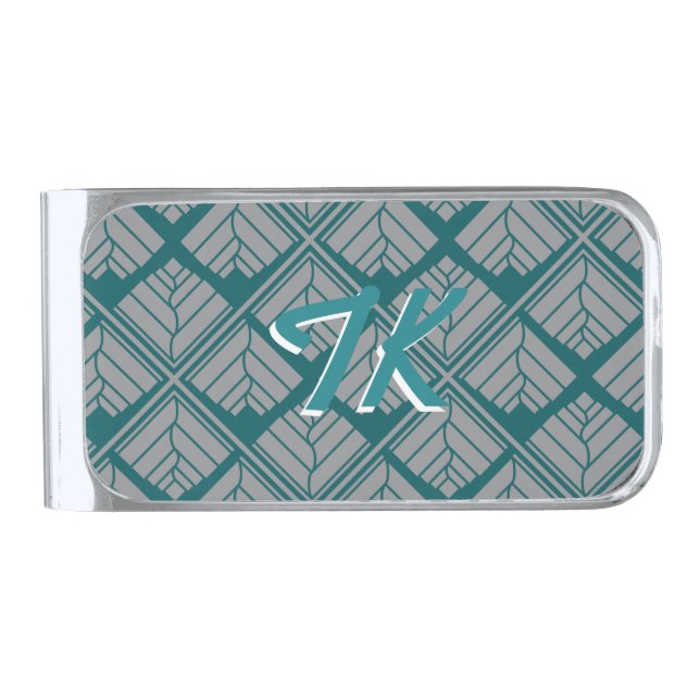 Square Leaf Pattern Teal Neutral Silver Finish Money Clip (Front)