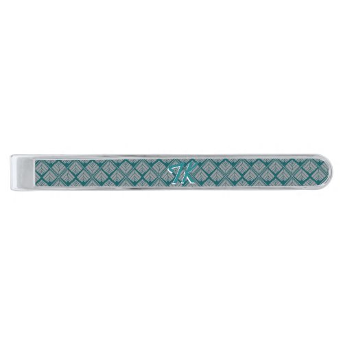 Square Leaf Pattern Teal Neutral Silver Finish Tie Bar