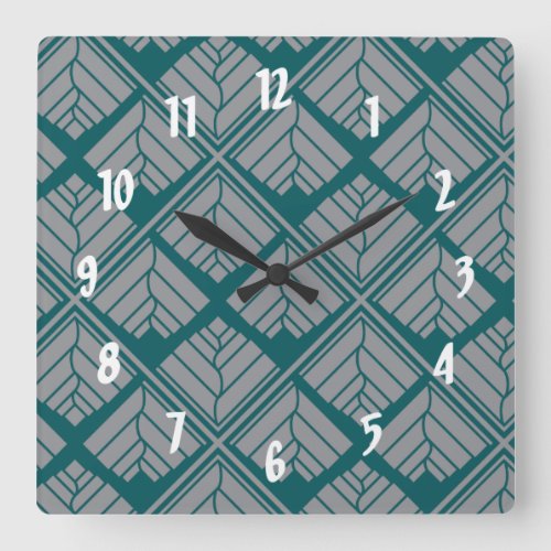 Square Leaf Pattern Teal Neutral Square Wall Clock