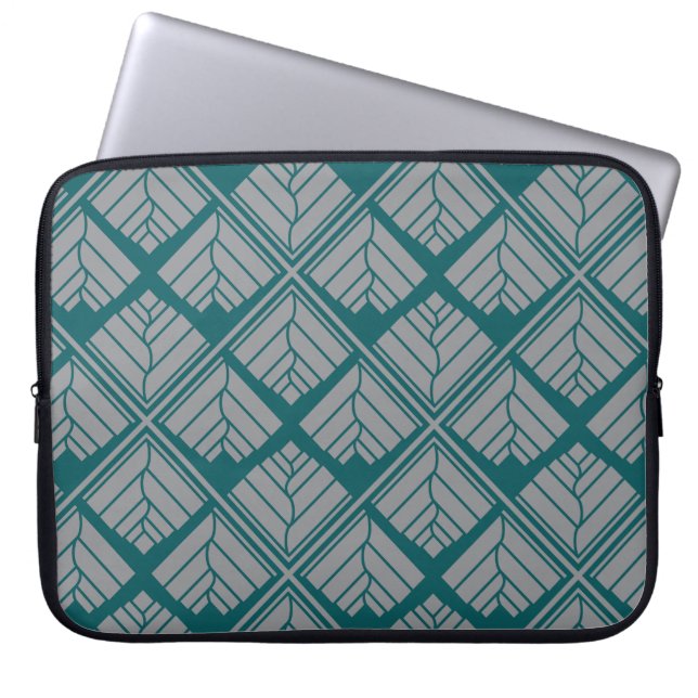 Square Leaf repeat Teal Gray Laptop Sleeve (Front)