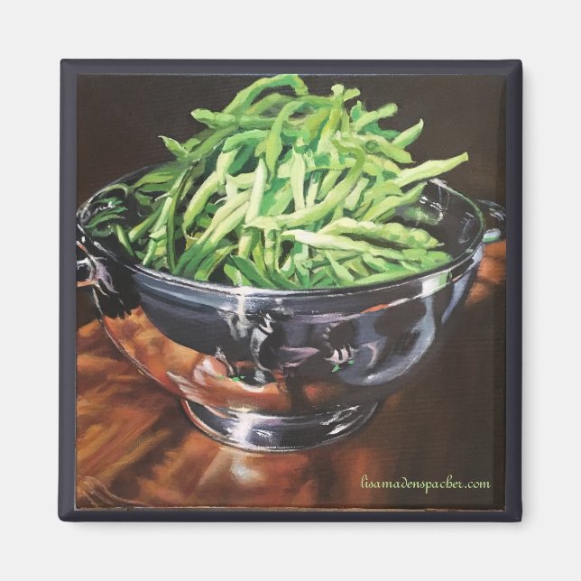 Square magnet with green beans in silver bowl (Front)