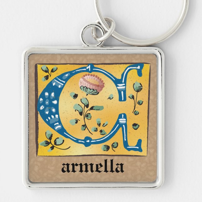 Square Medieval Floral Illuminated C Monogram Keychain (Front)