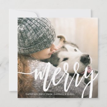 Square Merry White Script Holiday Card by PinkMoonPaperie at Zazzle