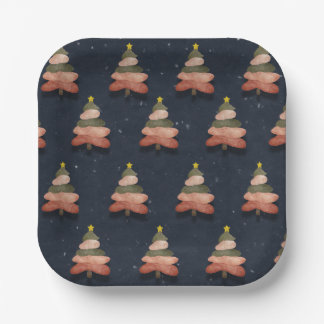 Square Midnight Blue Christmas Tree Pattern Small Paper Plates