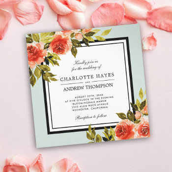 Square Mint Green Watercolor Roses Floral Wedding Invitation by UnwrappedVisuals at Zazzle