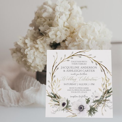 Square Modern Anemone Twig Fern Eucalyptus Wreath Invitation