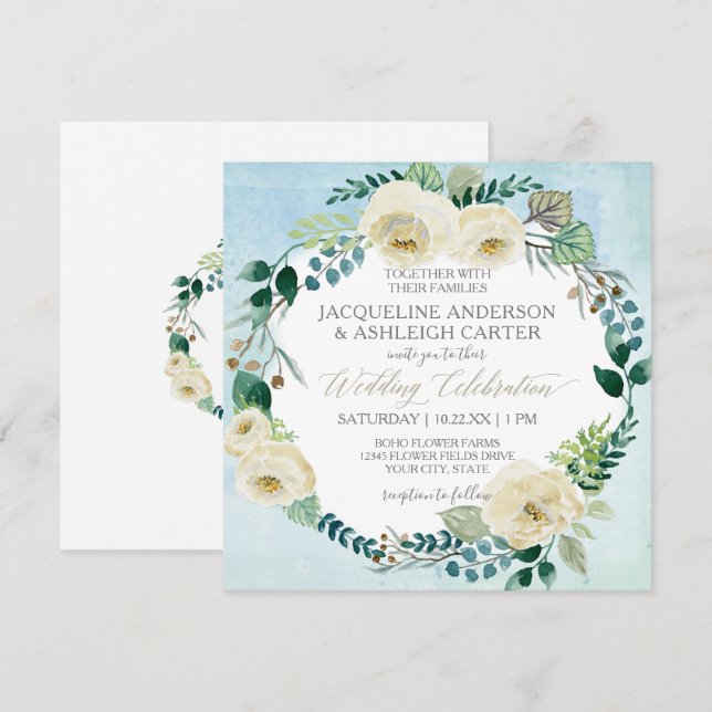 Square Modern Blue n White Rose Eucalyptus Wreath Invitation (Front/Back)