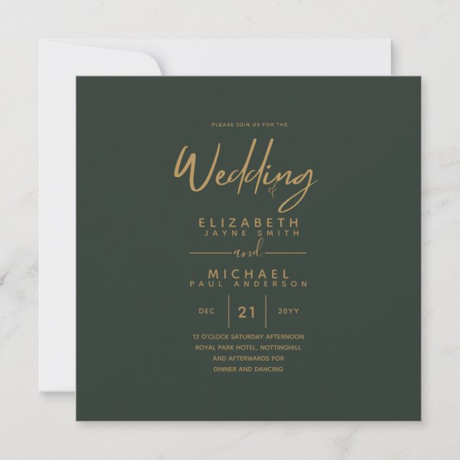 Square Modern Green Gold Budget Wedding  Invitation (Front)