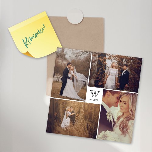 Square Monogram 4 Photo Collage Magnetic Card