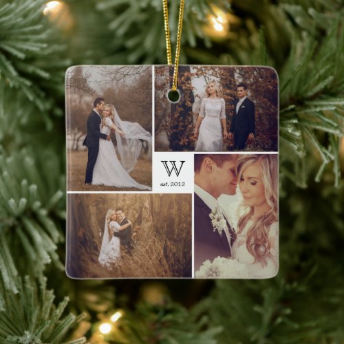 Square Monogram Simple Photo Collage Christmas Ceramic Ornament