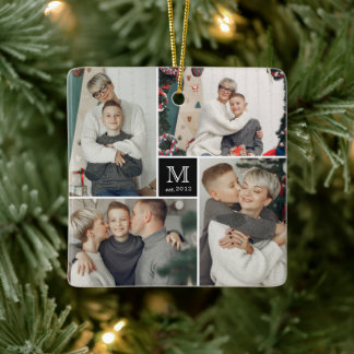 Square Monogram Simple Photo Collage Christmas Ceramic Ornament