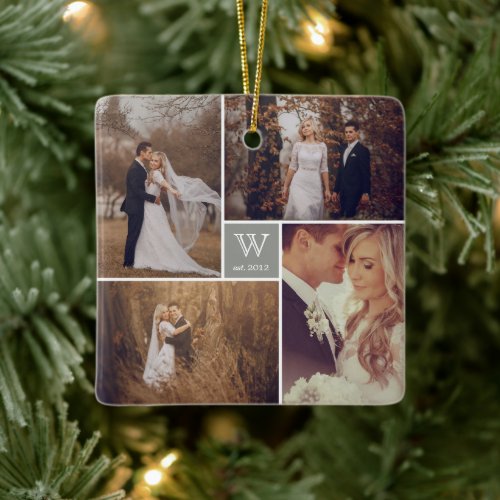 Square Monogram Simple Photo Collage Holiday Ceramic Ornament