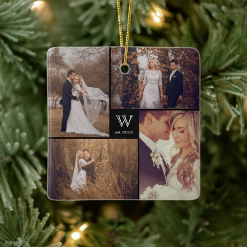 Square Monogram Simple Photo Collage Holiday Ceramic Ornament