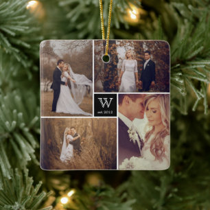 Square Monogram Simple Photo Collage Holiday Ceramic Ornament