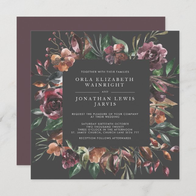 Square Moody Fall Floral Burst Wedding Invitation (Front/Back)
