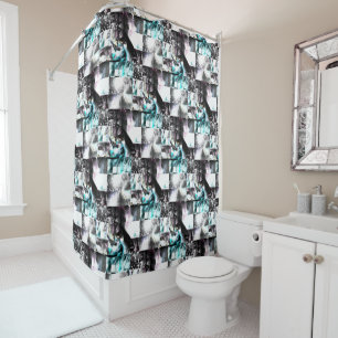 Square mosaic of messy textures in silver to cyan shower curtain