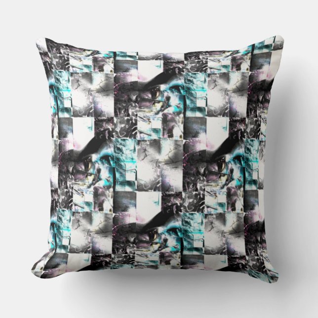 Square mosaic of messy textures in silver to cyan  throw pillow (Front)