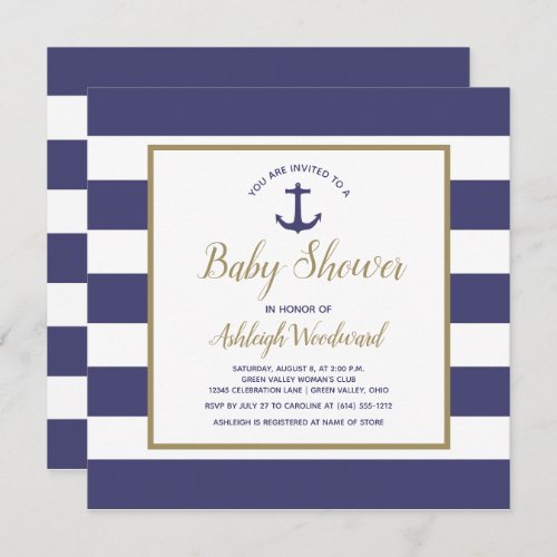Square Nautical Anchor Navy Blue Boy Baby Shower Invitation