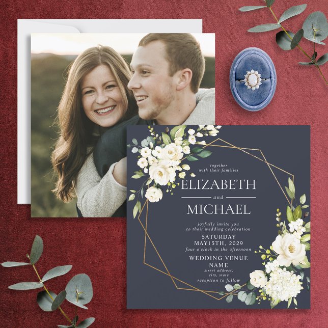 Square Navy Blue Gold Geometric White Floral Photo Invitation (Creator Uploaded)