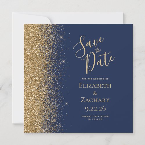 Square Navy Blue Gold Glitter Save the Date Announcement