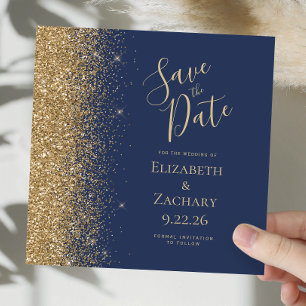 Square Navy Blue Gold Glitter Save the Date Announcement