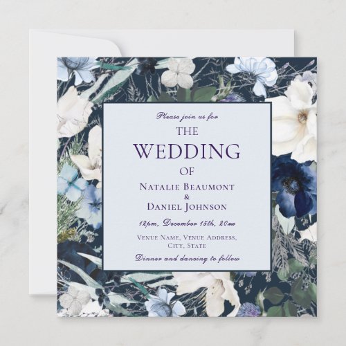 Square Navy Blue  Ivory Floral Wedding Invitation