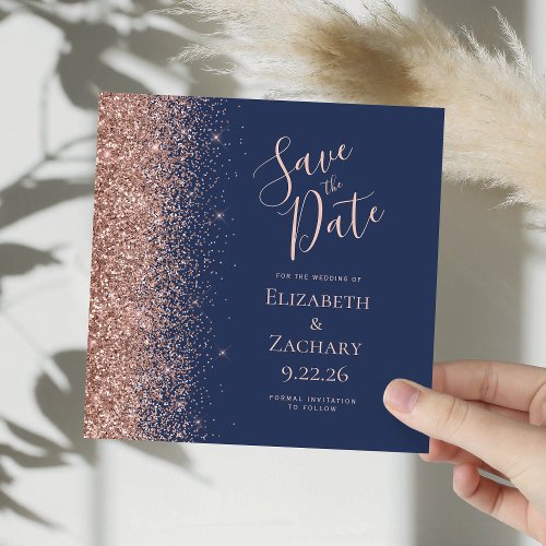 Square Navy Blue Rose Gold Save the Date Announcement