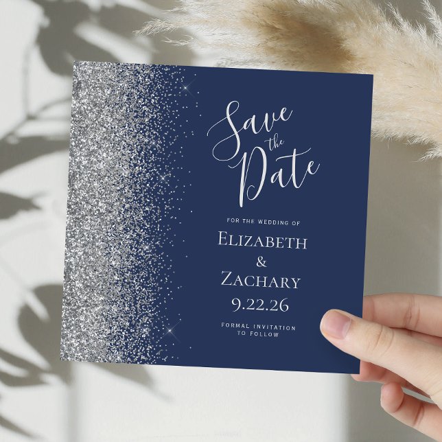 Square Navy Blue Silver Glitter Save the Date Announcement (Creator Uploaded)