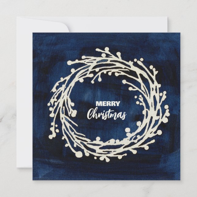 Square Navy Blue Wreath Christmas Card (Front)