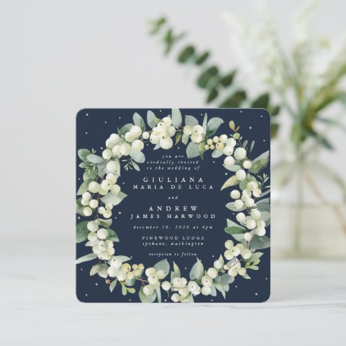 Square Navy SnowberryEucalyptus Wreath Wedding Invitation