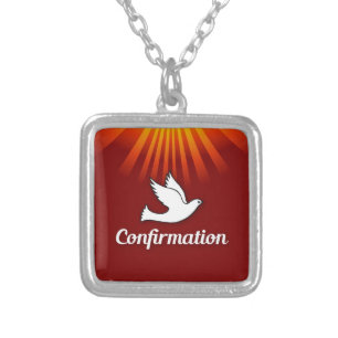 Square Necklace, Religious, Dove, Confirmation Silver Plated Necklace