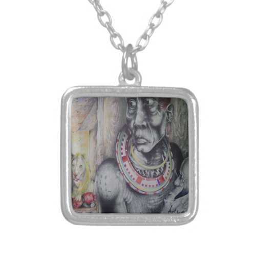 Square Neckless Hakuna Matata with Lions and Masai Silver Plated Necklace