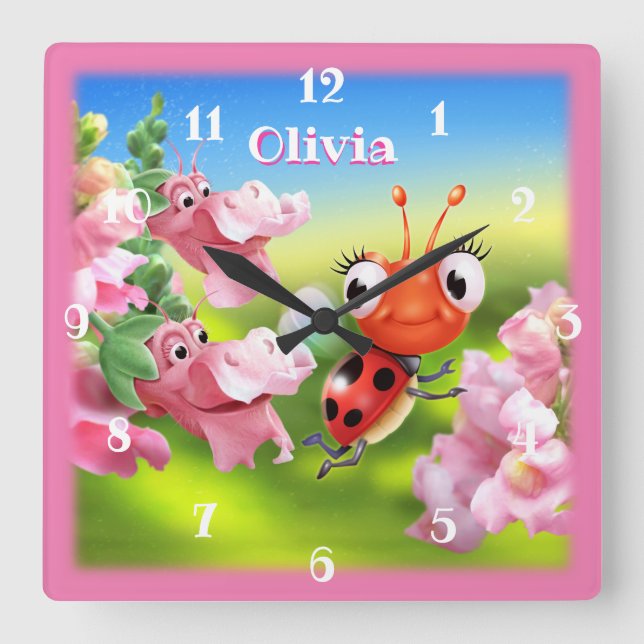 Square Nursery clock Ladybug in the flower garden (Front)