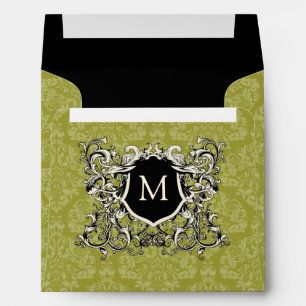 Square Olive Sage Green Damask Monogram Envelopes