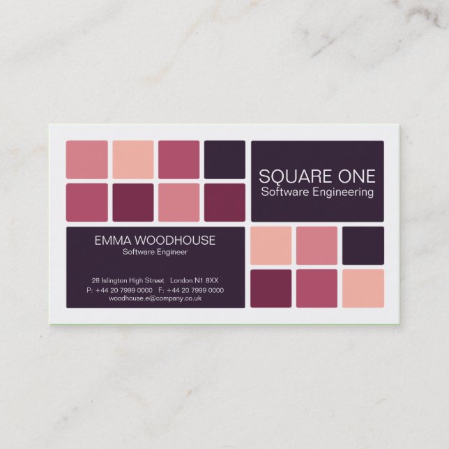 Square One White, Pink & Plum Business Card (Front)