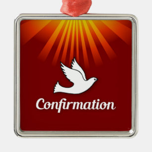 Square Ornament, Confimrtion, Dove on Red, Metal Ornament