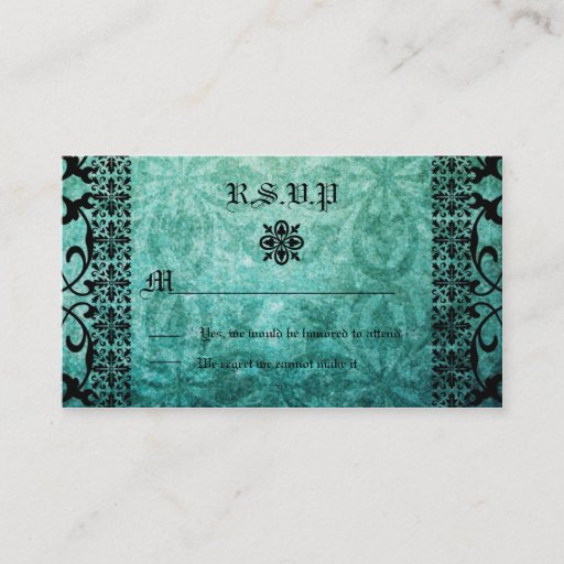 Customizable Square Ornate Green Damask Gothic Wedding RSVP Business Card Templates
