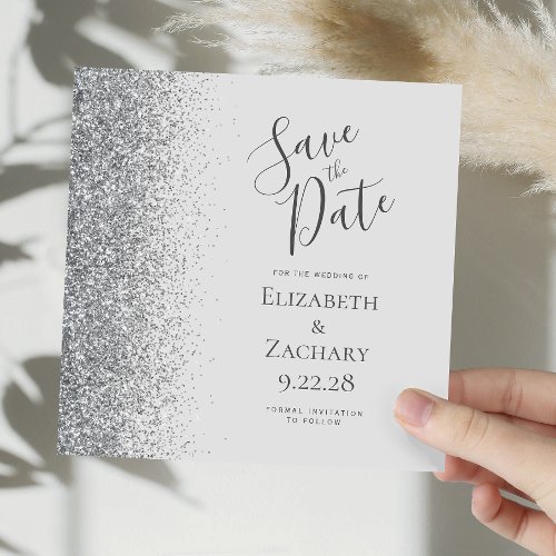 Square Pale Gray Silver Glitter Save the Date Announcement