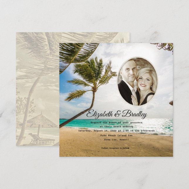 Square Palm Tree Tropical Wedding Photo Invitation (Front/Back)