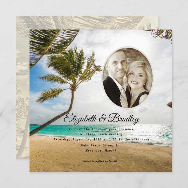 Square Palm Tree Tropical Wedding Photo Invitation (Front/Back)