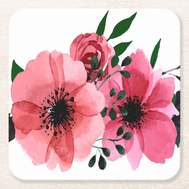 Square Paper Coasters with Large Pink Flowers  (Front)