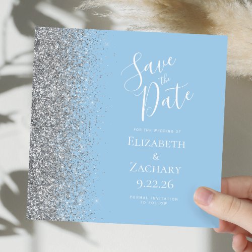 Square Pastel Blue Silver Glitter Save the Date Announcement