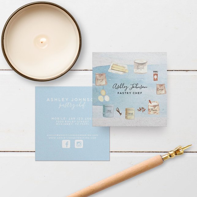 Square Pastry Chef Watercolor Baking Ingredients Square Business Card (Creator Uploaded)