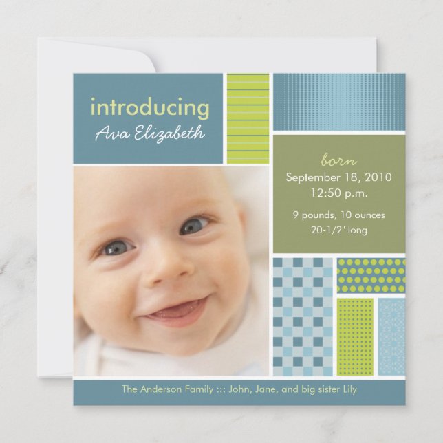 Square Patchwork Blue Designer Birth Announcement (Front)