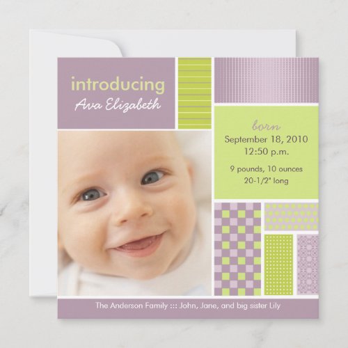 Square Patchwork Lilac Designer Birth Announcement