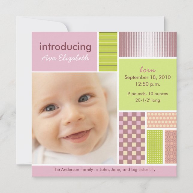 Square Patchwork Pink Designer Birth Announcement (Front)